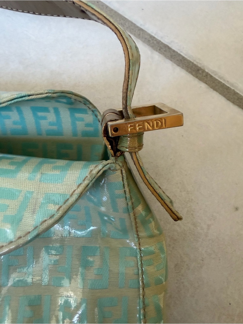 Vintage 2001 Fendi Mint Green Double Flap Zucchino Baguette with Luggage Tag - Picture 9 of 9